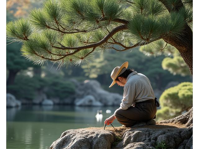 歴史ある日本庭園の池畔で、丁寧に手入れを行う庭師たちの様子