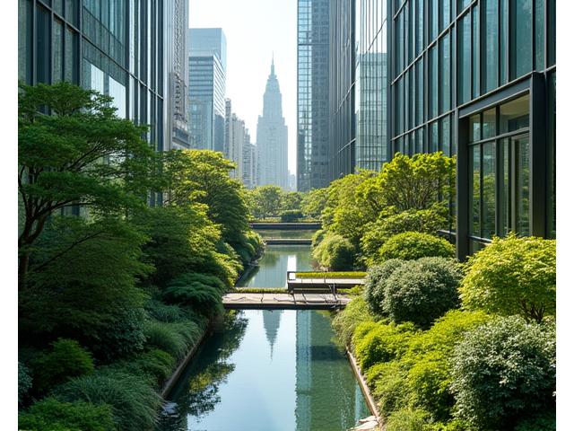 東京都心のモダンな建築物と融合した緑豊かな庭園の鳥瞰図