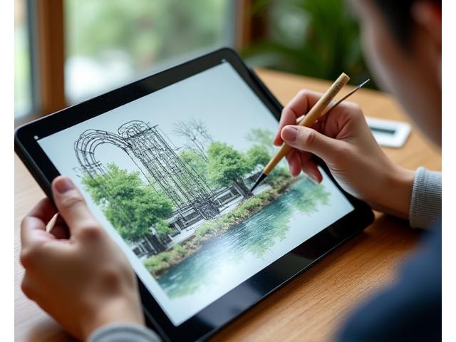 タブレットで庭園の設計図をチェックする現代の庭園デザイナー