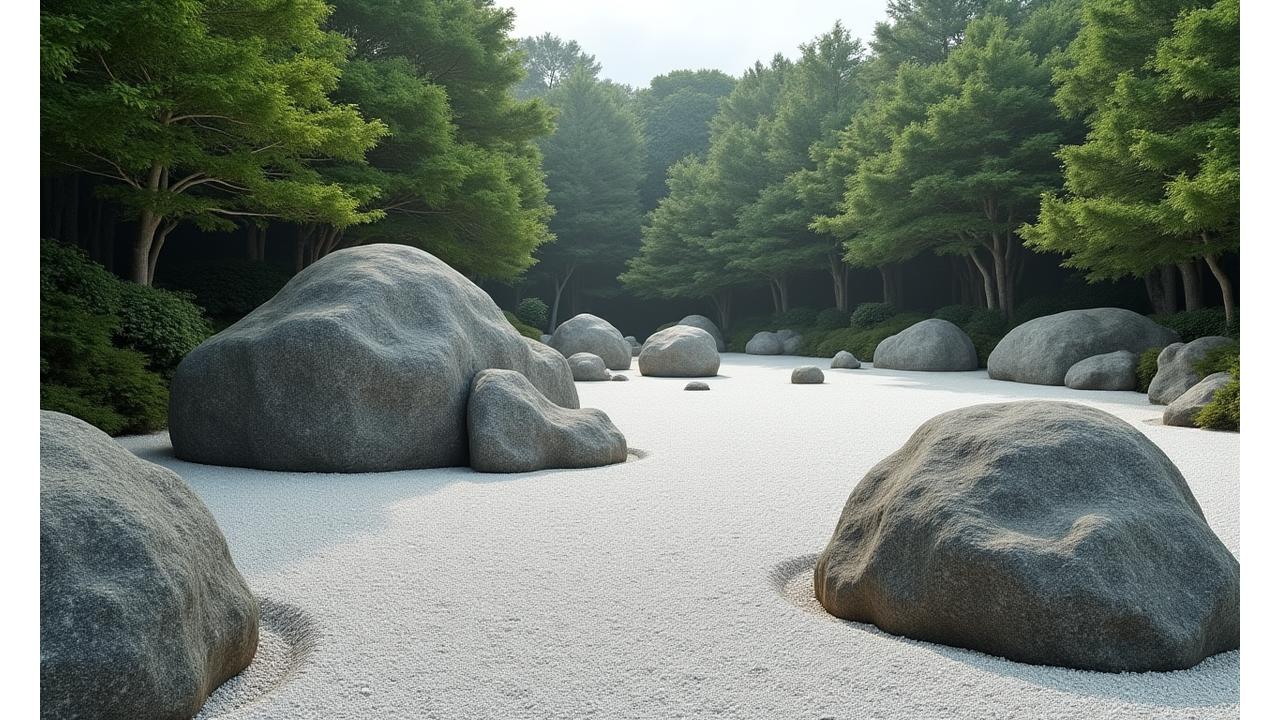枯山水庭園の全景。静寂さと奥行きを感じさせる美学が凝縮されている