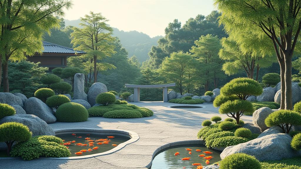 様々な日本庭園の要素（石、水、植物、竹）が並べられたコラージュ。伝統とモダンが融合した様子。