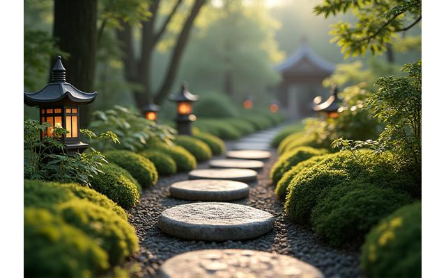 繊細に手入れされた茶室に通じる露地（茶庭）。飛び石と灯籠が配置され、静かで品格のある空間が広がる。