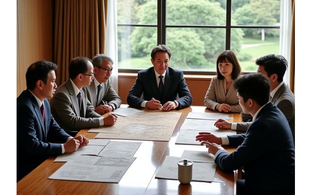 様々な分野の専門家（歴史学者、考古学者、建築家、庭園デザイナー）が円卓を囲み、歴史的な庭園の保存計画について熱心に意見交換している。テーブルには古地図や資料が広げられている。