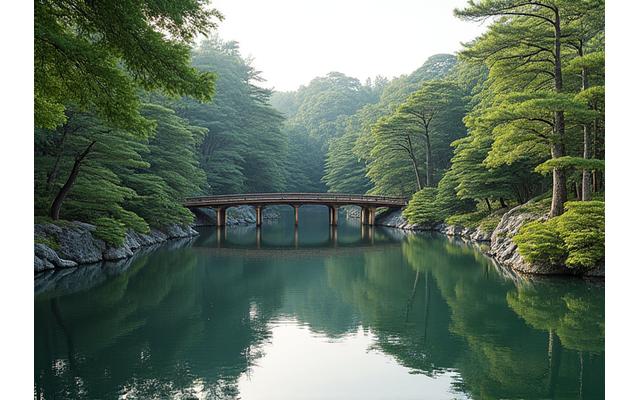江戸時代の大名庭園が完全に復元された様子。広大な池と複雑な石組が精巧に再現され、訪れる人々を魅了している。