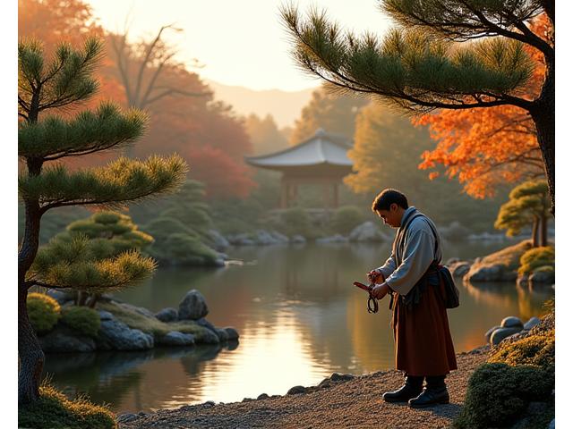 伝統的な日本庭園の全景。石組、池、植栽が調和し、奥には歴史的な建築物が見える。手前には庭師が作業する姿があり、歴史的景観を未来へ継承する職人の技術と情熱、静謐な雰囲気を表現。