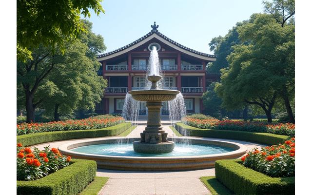明治期に造成された洋風庭園の歴史的な噴水が、手入れの行き届いたバラ園の中心で勢いよく水を吹き上げている。