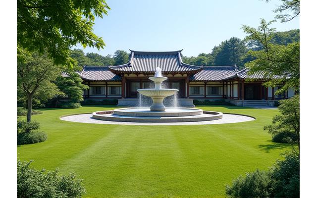 明治時代に建設された洋風の要素を取り入れた日本の庭園。広大な芝生と西洋式の噴水が特徴的で、背景には和風建築が見える。