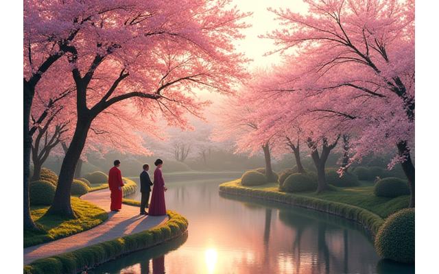地方自治体によって指定された歴史的な回遊式庭園の春の風景。満開の桜が池に映り込み、訪問者が散策している。