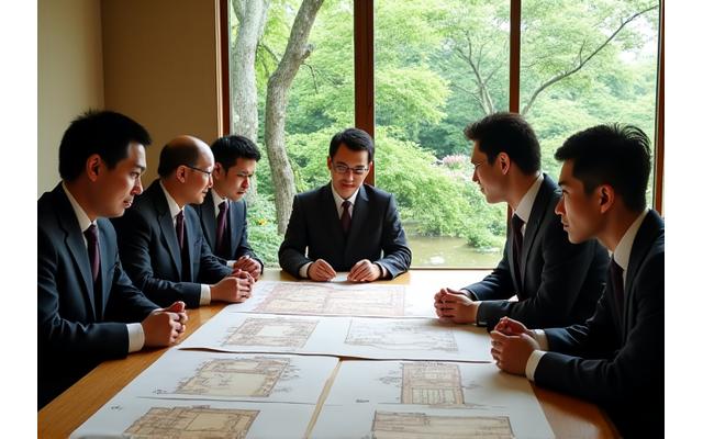 庭園専門家たちが、歴史的な鳥瞰図と現代の図面を見比べながら、保存計画について真剣に議論している。背景には緑豊かな庭園が広がっている。