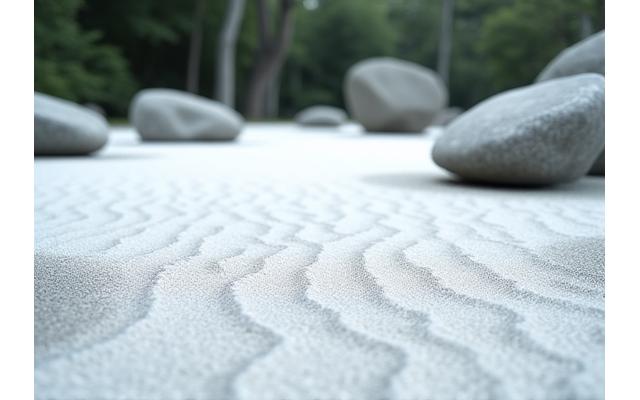 静寂な禅寺の枯山水庭園。白砂に描かれた波紋と厳かに配置された石が日本の精神性を表す。