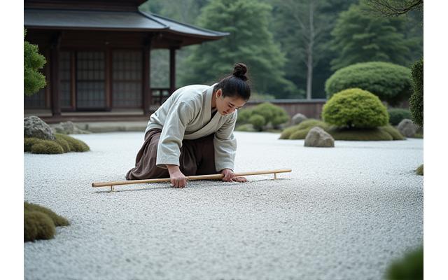 静寂な禅寺の枯山水庭園で、熟練の庭師が熊手で白砂に美しい紋様を描いている。瞑想的な雰囲気が漂う。