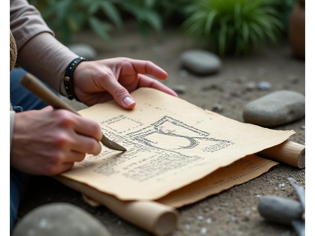 熟練した庭師が古文書を広げ、庭園の絵図と照らし合わせながら、石の配置を検討している。手元には伝統的な道具が並べられている。
