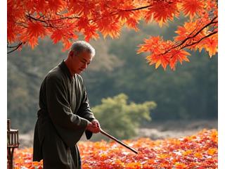 秋の日本庭園で落ち葉処理や冬支度を行う庭師