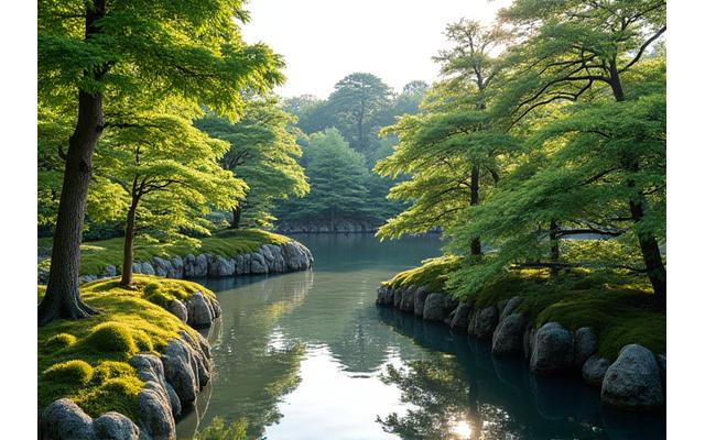 専門家による手入れが行き届いた美しい日本庭園のアフターイメージ。剪定された樹木、清掃された水景、整えられた苔が見事。
