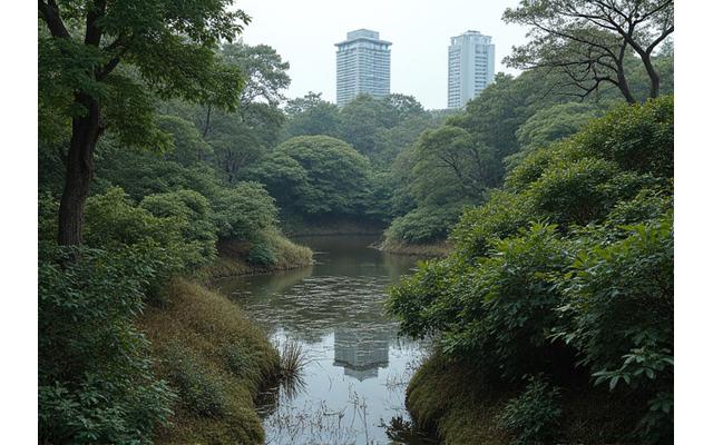 手入れが行き届かず荒れてしまった日本庭園のビフォーイメージ。雑草が生い茂り、樹木も管理されていない状態。