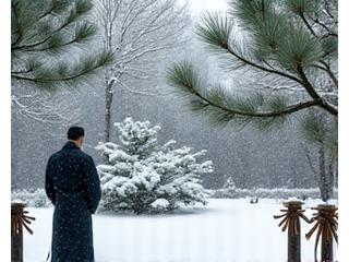 冬の日本庭園で雪対策を行う庭師、藁の雪吊りが美しい