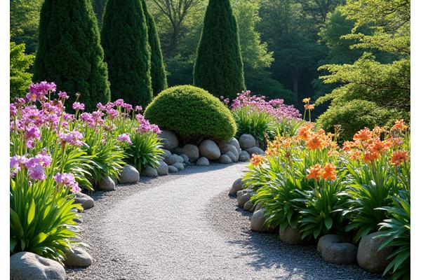 庭園の植栽がリニューアルされ、新しい樹種と季節の花々が美しい