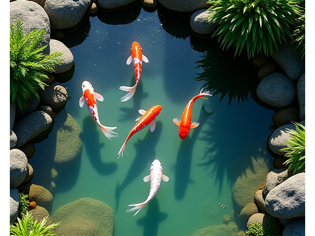 優雅に泳ぐ錦鯉が見える美しい水面のkoi池
