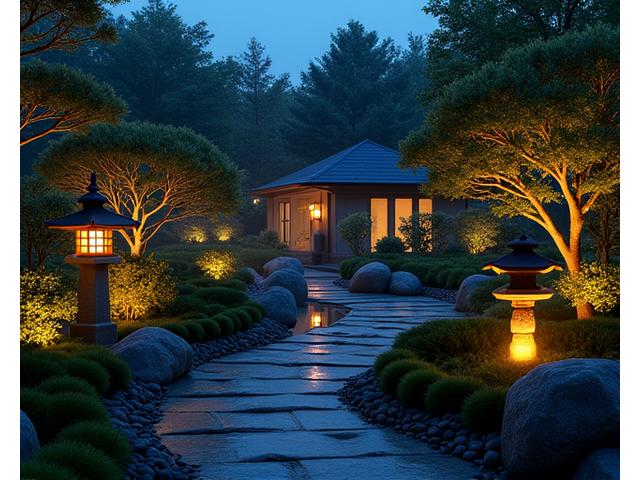夜間にライトアップされた庭園と自動で水を撒くスプリンクラー