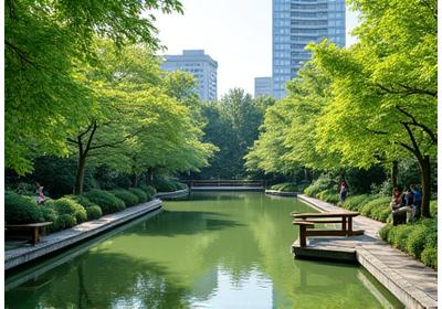 広々とした公園に広がる日本的な水景と休憩所