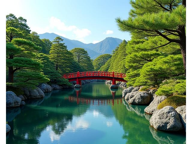 大きな池と木々、橋が配置された広大な池泉回遊式庭園