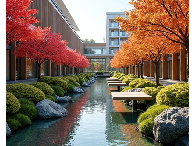 商業施設の中庭に工夫された季節感あふれる日本庭園
