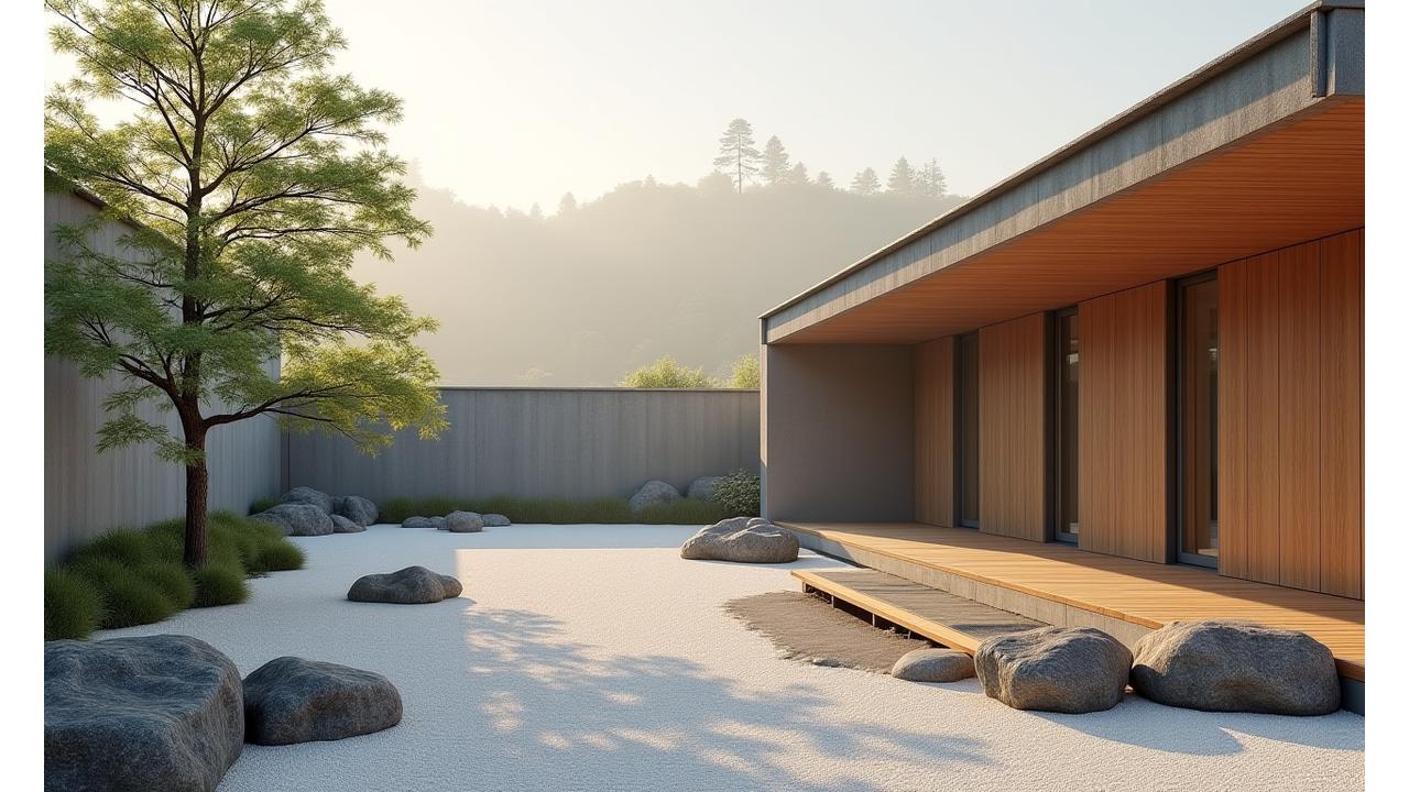 現代的な住宅と調和する美しい枯山水庭園の全景