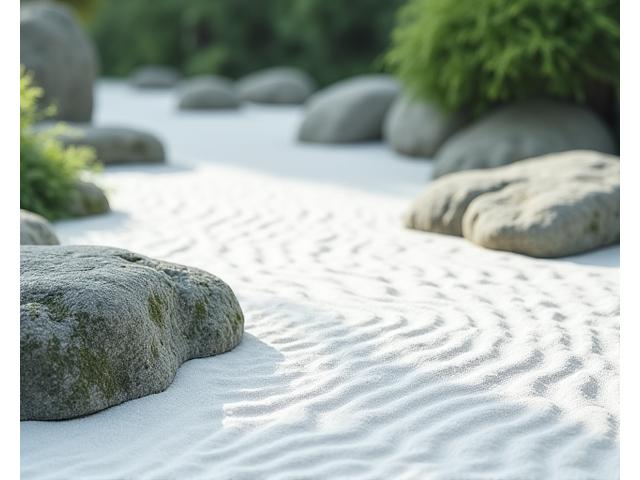白砂と複数の岩石で構成された静謐な枯山水庭園