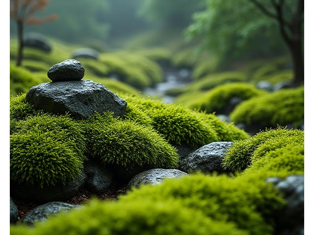 深く美しい緑の苔が広がる日本庭園