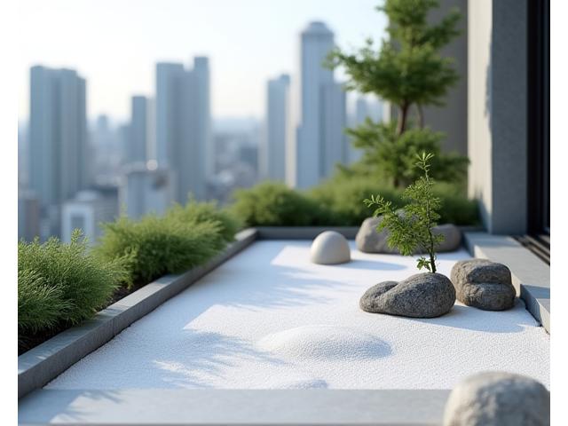 都心の高層マンションのバルコニーに設置された小さな枯山水