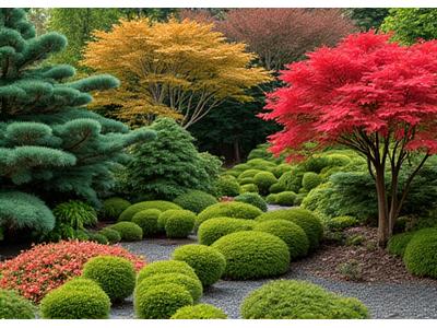 四季折々の植栽が計画的に配置された日本庭園の一角