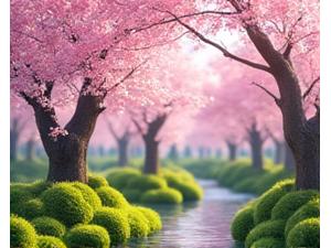 新緑が芽吹き桜が咲き誇る春の日本庭園