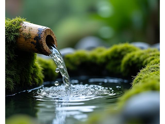 竹筒から水が流れ落ちる清らかな庭園の水の演出