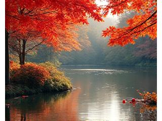 紅葉した木々が水面に鮮やかに映り込む秋の錦鯉池