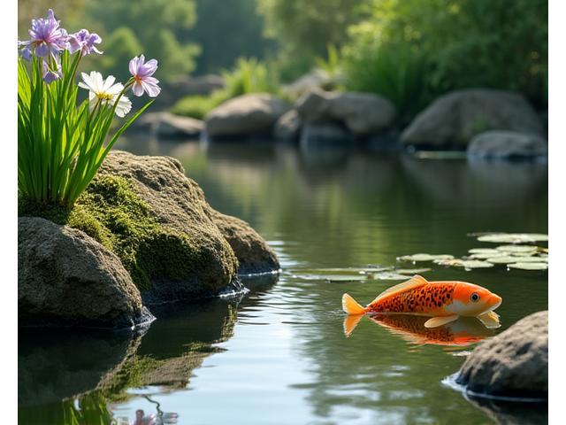 自然石と水生植物で構成された、渓流のような自然風の錦鯉池