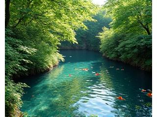 青々とした木々に囲まれ、涼やかな水音を立てる夏の錦鯉池