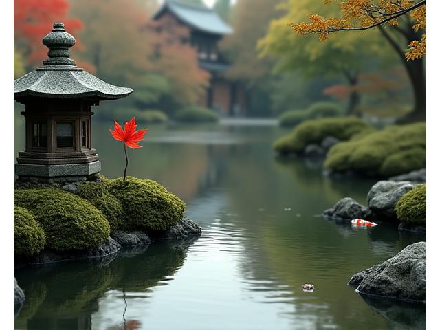 茶室の近くに静かに佇む、趣のある茶庭の錦鯉池