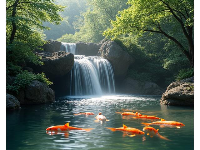 勢いよく流れ落ちる滝と、その下で泳ぐ錦鯉が一体となった立体的な水景