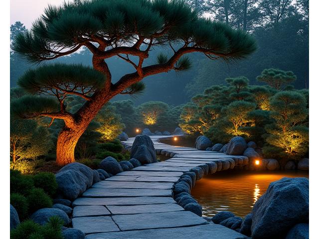 様々なタイプのLED照明でライトアップされた日本庭園の夜景。水中照明で池が光り、アップライトで樹木が際立つ