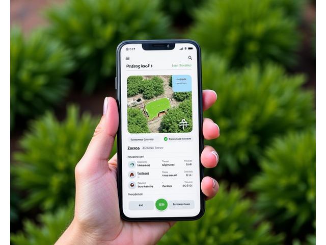 スマートフォンアプリで制御される自動潅水システムのイメージ。庭園のマップと水やりスケジュールが表示されている