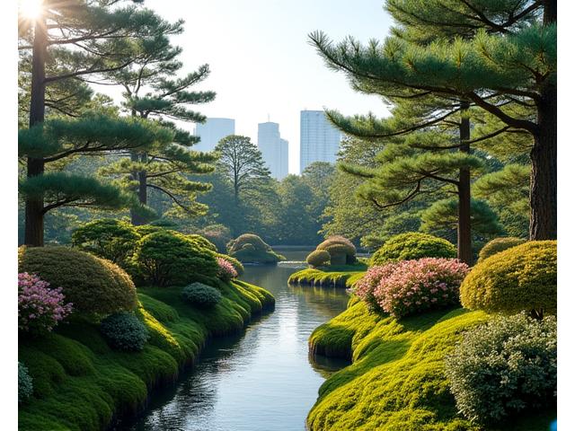 東京の庭園で美しく調和する様々な植物が植えられた広々とした日本庭園の全景