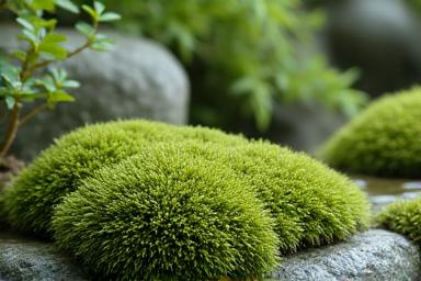 苔むした石の間にひっそりと咲く宿根草と山野草