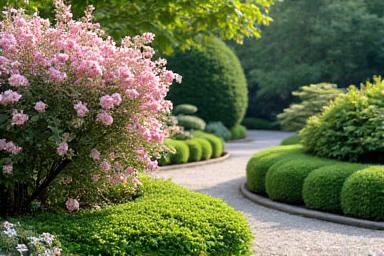 鮮やかな季節の花々が咲き誇る中低木の生垣
