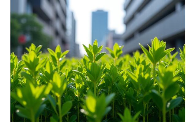 東京の都市景観の中で、都市気候に適応した丈夫な植物が元気に育っている様子