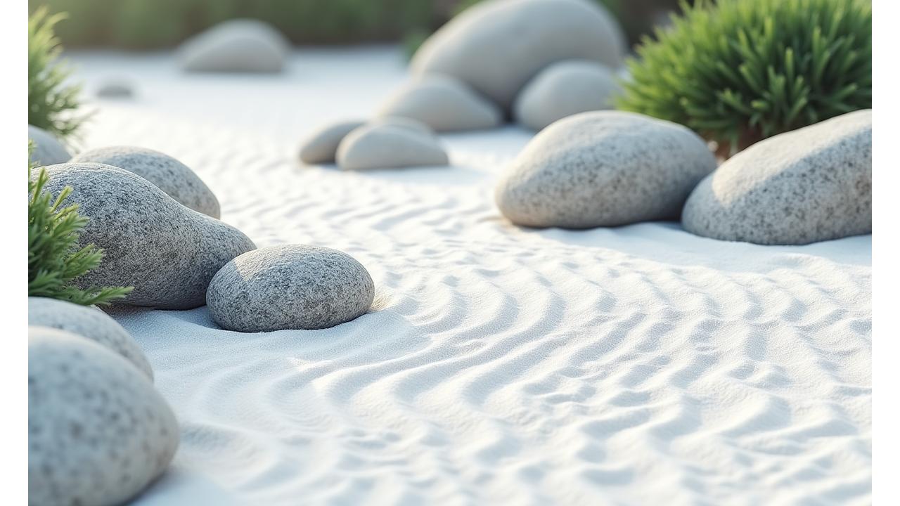 静寂な枯山水庭園の全景。白砂に描かれた波紋と、絶妙に配置された複数の石が、宇宙と自然の広がりを表現している。