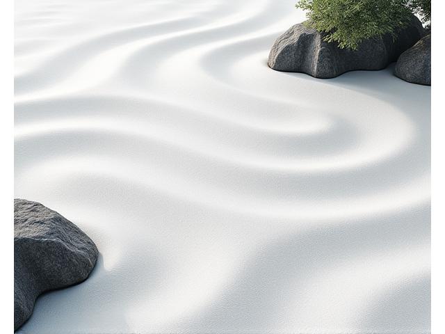 白砂に精緻な砂紋が描かれ、数個の自然石が配置された広大な枯山水庭園。