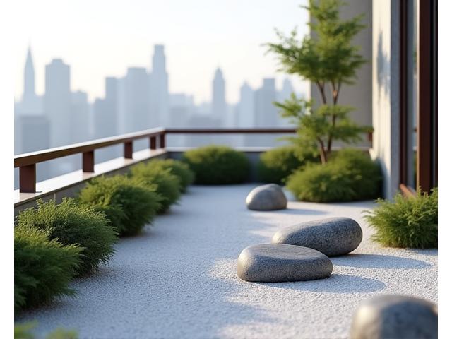 都心のマンションのベランダに設置されたミニチュアの石庭。植木鉢の横に、石と砂紋で構成されている。